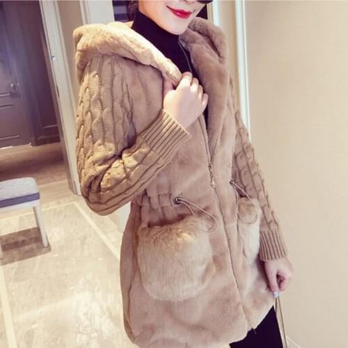 Winter Women Hooded Loose Fluffy Knitting Stitching Plush Jacket Coats Warm Outerwear Coat Ladies Casual Coats jaqueta