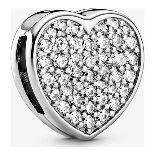 2020 New Valentines Series 100% 925 Silver Beads Pave Heart Clip Charm fit Original Pandora Bracelets Women DIY Fashion Jewelry