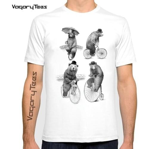 Vagarytees 2021 Bears on Bicycles Animal Cute Men T Shirt Streetwear Print Fashion Wind Round Neck Mens T-shirt Casual Clothes