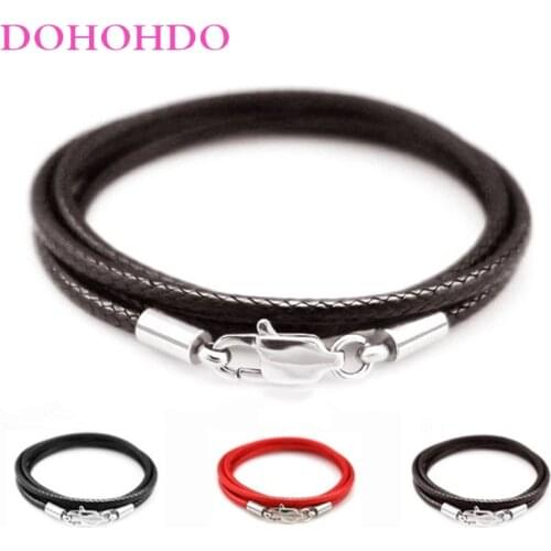 3pcs/lots 40-80cm Men Women Leather Necklace Cord Waxed Rope Stainless Steel Lobster Clasp Chain Leather Cord For DIY Jewelry
