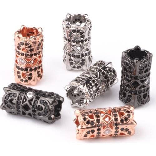3pcs Hollow Tube CZ Brass Micro Pave Black Cubic Zirconia Spacer Metal Beads for Jewelry Making Mens Bracelet Accessories