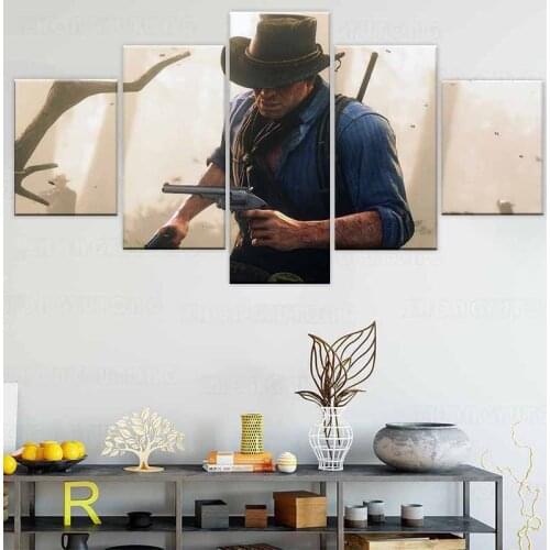 5 Panel Canvas Printed Game Red Dead Redemption 2 Arthur Morgan Poster Home Decorative Living Room Picture Wall Painting