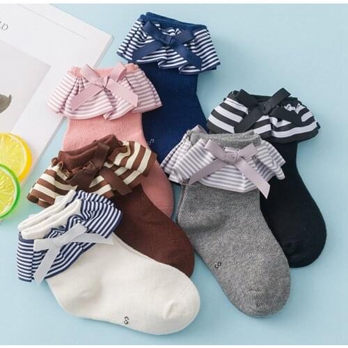 6Pairs Kids Baby Autumn Winter Girls Striped Ruffle Socks Soft Children Short Sock ADK423