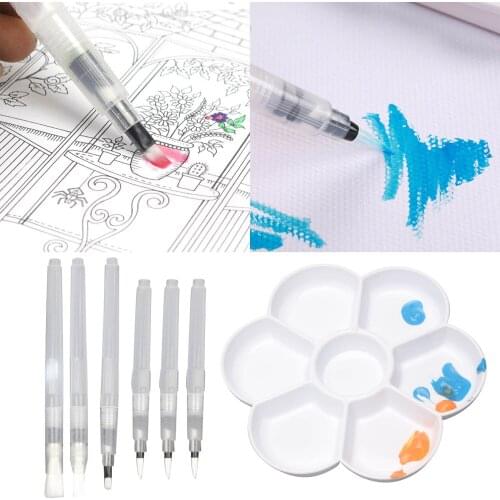 6pcs Assorted Tips Art Water Coloring Brush Pens Set with 1pcs Palette for Children Kids Watercolor Painting Calligraphy Drawing