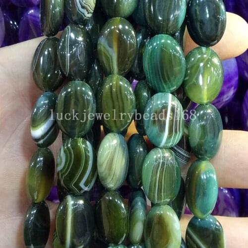 Free Shipping Fashion Jewelry 15x20mm Beautiful Olive Green Stripes Chalcedony Oval Loose Beads 15" FG7201