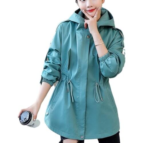 BF Style Loose Hooded Windbreaker Coat Female Medium Long Drawstring Waist Casual Tooling Jacket Women