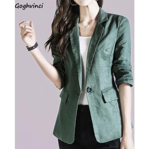 Blazers Women Three Quarter Sleeve Solid Single-button Linen Thin Summer Womens Outwear Ulzzang Casual Femme Fashion Simple Chic