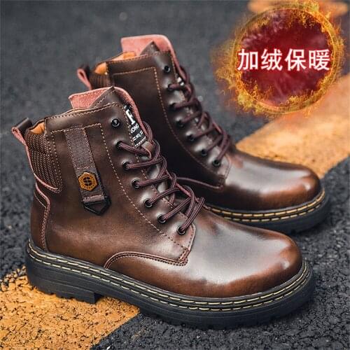 New autumn and winter mens Martin boots, high-end leather tooling boots, high-top plus cashmere boots, motorcycle shoes