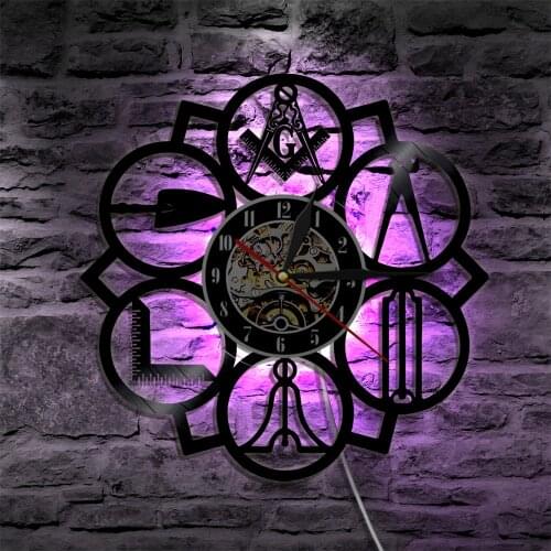 Masonic Free Mason Logo Led Vinyl Wall Clock Decorative Hanging Modern Home Decor Vintage Gift Silhouette LP Backlight