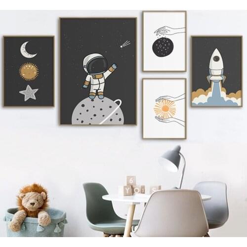 Cartoon Astronaut Rocket Planet Space Wall Art Canvas Painting Modern Poster and Print Nursery Pictures for Boy Kids Room Decor