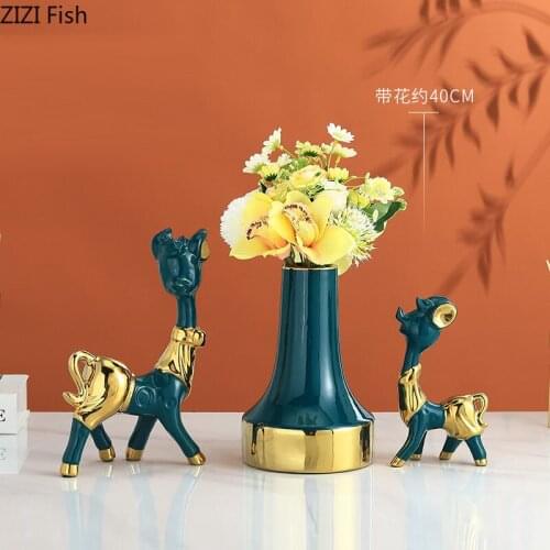 European Style Gilded Dark Green Ceramic Vase Living Room Dining Table Dried Flowers Flower Arrangement Art Vase Modern Home New