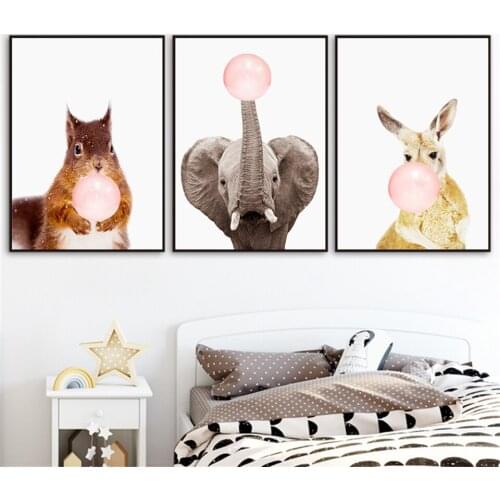Cute Squirrel Elephant Rabbit Pink Balloon Canvas Poster and Print Baby Girl Nursery Print Wall Art Picture Kids Bedroom Decor