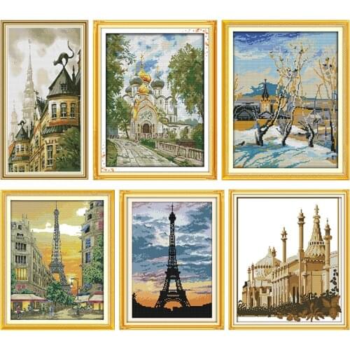 Joy Sunday Counted Fabric The Tower At Dusk Embroidery Needlework Thread Stamped 11CT 14CT Print Handmade Gift Cross Stitch Kits