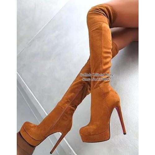 Sexy Brown Suede Over The Knee Boots High Platform Stretch Long Boots Women High Heels Zipper Dress Shoes Drop Ship