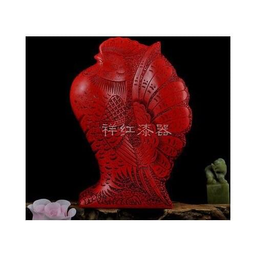Elaborate Chinese Traditional Technology Red Lacquerware rooster auspicious statue