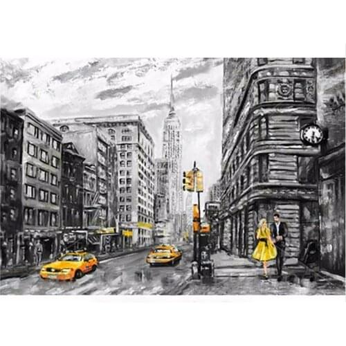 HandmadeWhiteand Black Abstract Oil Painting on Canvas Street View of New York Man and Woman-Yellow Hand Painted Art Pictures