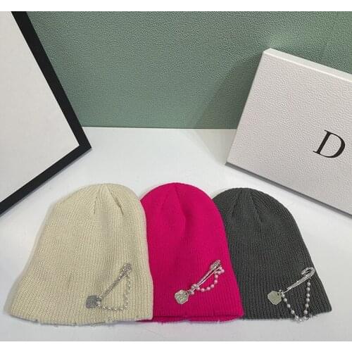 Winter Autumn Beanie Women Fashion Pin design Skullies Warm Solid Knitted Girl Hat Hip Hop Wool Caps Outdoor