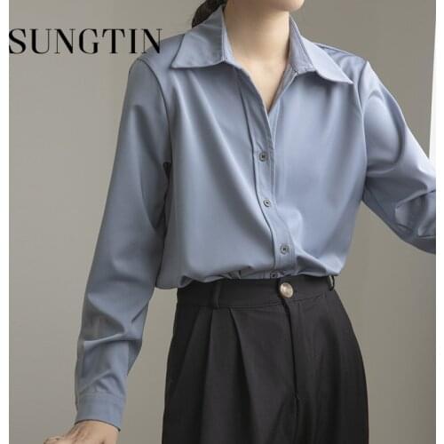 Sungtin Soft Office Lady Solid Satin Shirt Women Blouse Turn-down Collar OL Woman Blouse Quality Design Femme Tops New OL 2021
