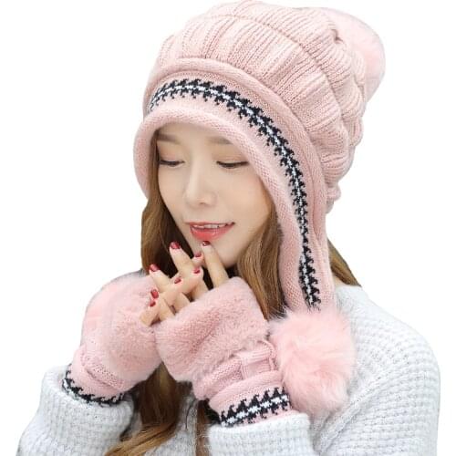 Girl Warm Ski Brand rabbit Fur Pom Poms Warm Gloves + knit hat set Winter Women Wool Beanie Hat thick Skullies Female Cap