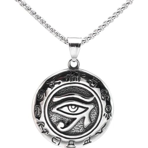 Vintage Look Silver Color Stainless Steel Egyptian Eye of Horus Round Pendant Necklace
