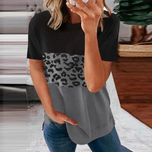 Leopard Print Color Block Top Womens Short Sleeve Crewneck T-Shirt Loose Casual Side Split Tee Shirts Color Block Top Tunic 2XL
