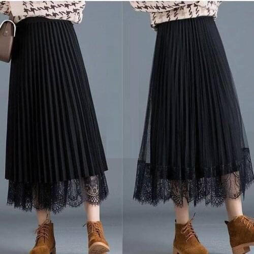 Women Tulle Double sided Skirts Spring Fashion Elastic High Waist Mesh Tutu Skirt Pleated Long Skirts Midi Skirt Lace skirt