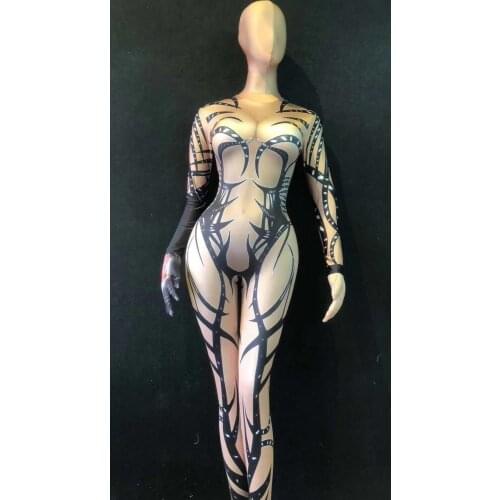 Women Sexy Stage Fake Nude Jumpsuit 3D Printed Black Totem Bodysuit Nightclub Party Celebrate Dancer Singer Stage Wear Costumes