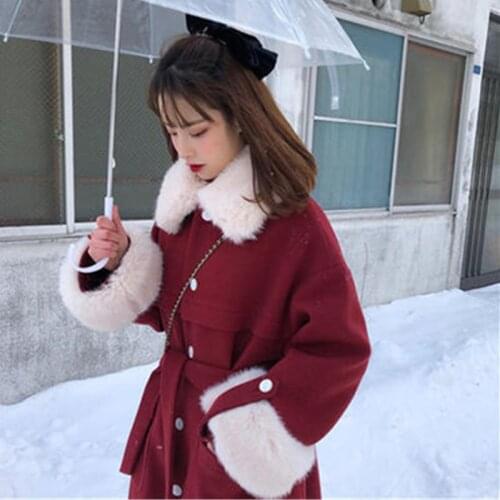 JuneLove Winter Woolen Coat Women New Korean Fashion Lapel Woolen Jacket Loose Retro Thick Mid-length Gentle Red Tide Outwears