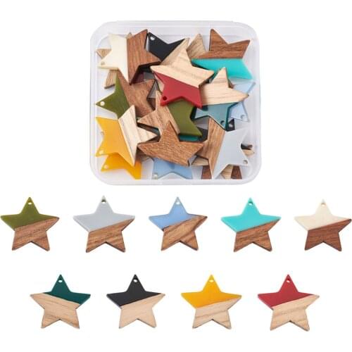 1 Box Colorful Resin Walnut Wood Pendants Stars Leaf Ring for Vintage Jewelry Making DIY Bracelet Necklace Earring Crafts Decor