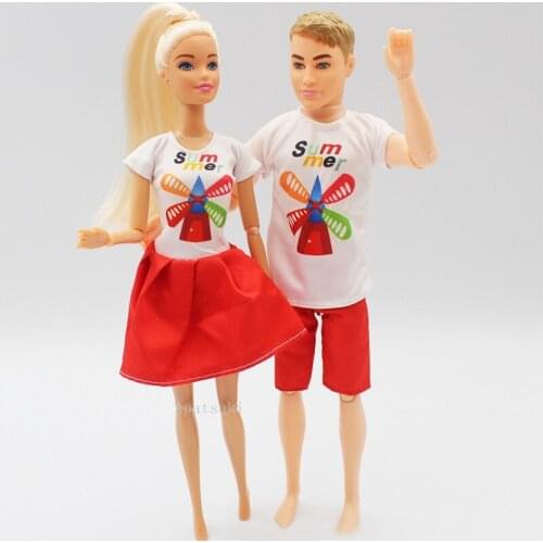 2sets/lot White Windmill T-shirt Red Shorts For Ken Boy Doll Fashion Clothes Dress For Barbie Doll Outfits 1/6 Doll Accessories