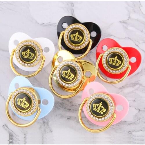 6 Colors Cartoon Crown Baby Pacifier Golden Dummy Bling Toddler Pacy Orthodontic Nipple Infant Shower Gift 0-18 Months