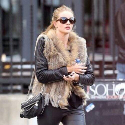 Free Shipping 18 Colors SJ005 Real ladies Genuine Knitted Rabbit Fur Vest With Raccoon Fur Trimming Waistcoat Winter Fur Jacket