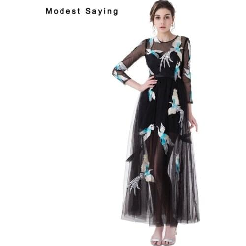 Black A-Line Crane Embroidery Lace Evening Dresses 2017 with Sleeves Women Long Engagement Birthday Party Prom Gowns Custom Made
