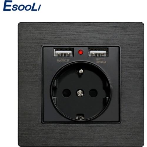 Esooli Black Aluminum Metal Panel Dual USB Charging Port 2.1A 16A Russia Spain Wall Socket EU Power Outlet R8 Series