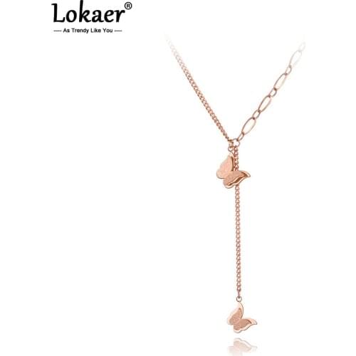 Lokaer Bohemia Stainless Steel Double Butterfly Choker Necklace Trendy Animal Charm Pendant Chain Link Jewelry For Women N20222