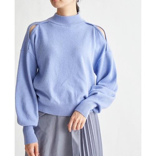 Japanese Temperament Solid O-neck Knitted Pullovers Off Shoulder Lantern Sleeve Loose Sweater Women Autumn Winter New Ol Sueter