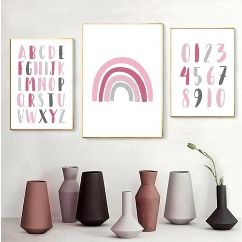 Pink Rainbow 123 and Alphabet Art Print Nursery Poster Cartoon Wall Art Canvas Painting Pictures for Kid Living Room Decoration