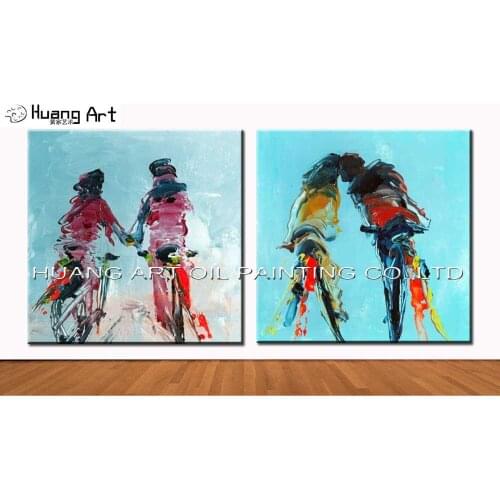 Hand Painted Couples to Ride Bicycle Landscape Oil Painting Modern Abstract Knife Canvas Pictures Home Living Decor Wall Art