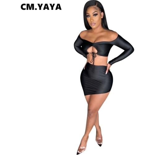 CM.YAYA Women Set Solid Off Shoulder Full Sleeve Bandage Crop Tops Mini Skirts Two 2 Piece Sets Sexy Fashion Outfit Summer 2021