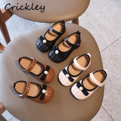 Pearl Bow Girls Mary Janes Spring Elegant Party Princess Shoes For Kids PU Leather Anti Slip Soft Bottom Childrens Shoes Flats
