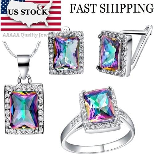 USA STOCK Uloveido Square Womens Bridal Jewelry Set Big Wedding Party Ring Stud Earrings Sets Gifts Pendant Earrings Ring T483