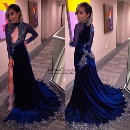 Vintage Prom Dresses Navy Blue Velvet Mermaid High Neck Keyhole Beads Black Girl Long Formal Evening Party Gowns