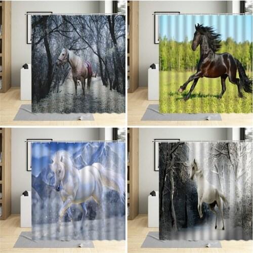 Horse Shower Curtain Snowfield Forest Grassland Run Steed White Animal Pattern Bathroom Decor Polyester Fabric Bath Curtains Set