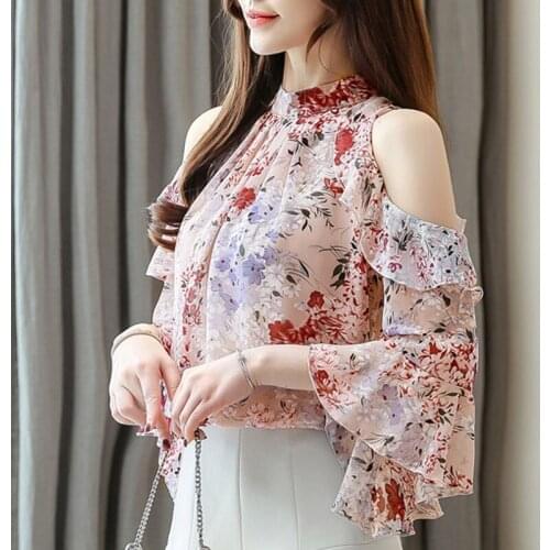 Korean Women Clothing 2020 Ladies Tops Floral Blouse for Women Tops Ruffles Stand Butterfly Sleeve Blusas Hollow Plus Szie 0647