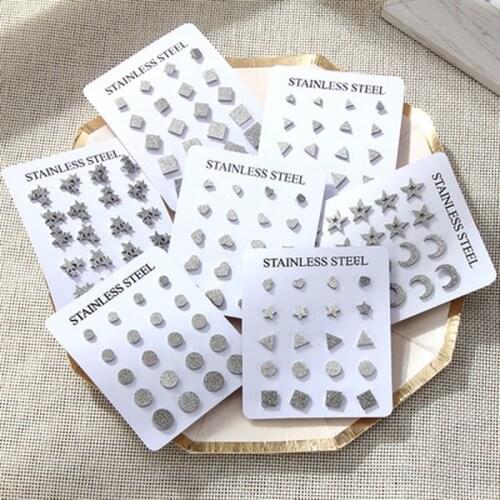 Stainless Steel Star Moon Stud Earring Circle Silver Color Frosted Surface Geometric Multi-Size Earrings Jewelry for Women 2021