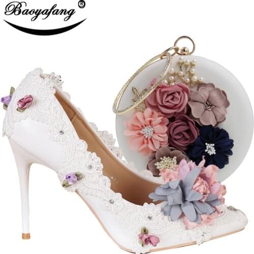 BaoYaFang New Pointed Toe Women Wedding shoes with matching bags Bride High shoes Thin heel Ladies Pumps and purse set