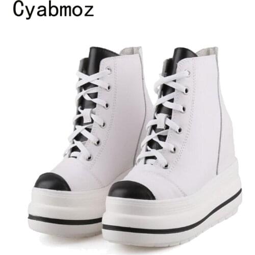 Cyabmoz Genuine Leather Height increasing Shoes Woman Sneakers High heels Pumps Lace up Platform Casual Women Party Ladies Shoes