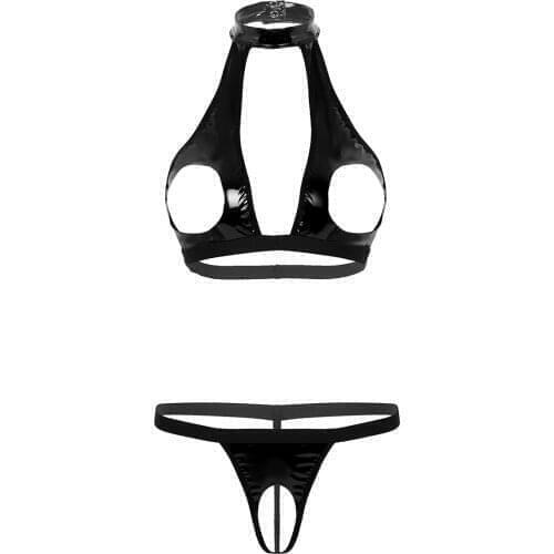 Women Sexy Lingerie Set Underwear Outfit Wet Look Faux Leather Hollow Out Open Cup Bra Top with Crotchless G-string Briefs Suit