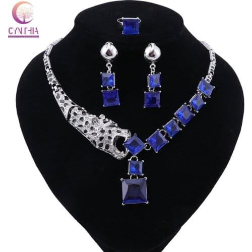 CYNTHIA Wedding African Bead Jewelry Set for Women Fashion Silver Plated Dubai Rhinestone Necklace Earrings Ring Set