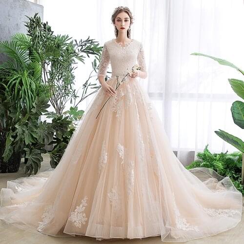 Wedding Dress Embroidery V-Neck Floral Print Half Sleeves Simple Ruches Bling Elegant Lace up New Long Women Bride Dresses B051